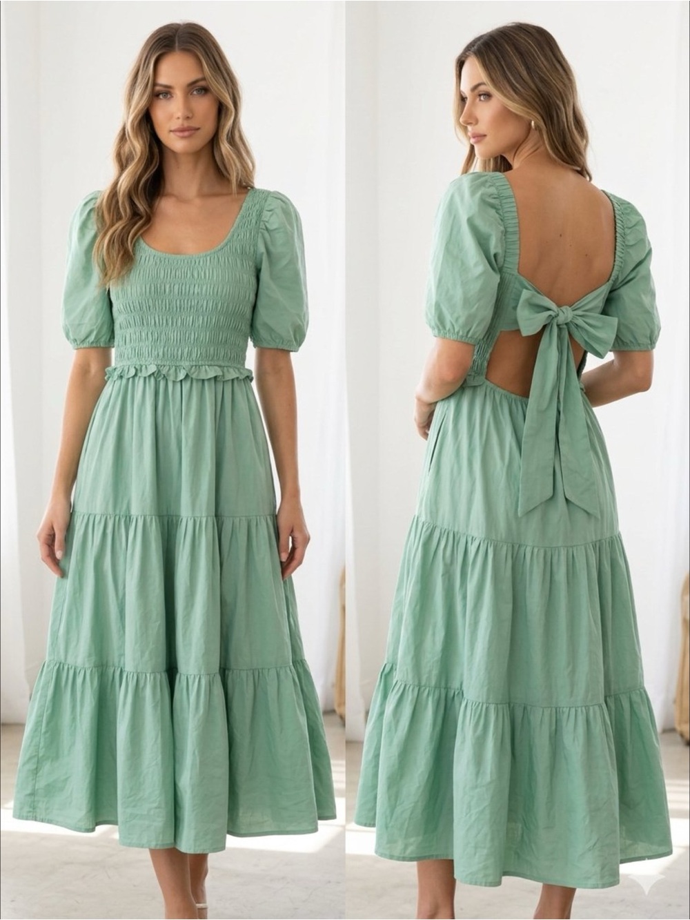 &Merci Sage Green Smocked Open Tie Back Tiered Puff Sleeve Coquette Midi Dress S